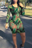 Green Sexy Print Patchwork O Neck Pencil Skirt Dresses