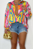 Blue Fashion Casual Print Patchwork Buckle Turndown Collar Tops