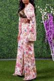 Pink Casual Print Patchwork Turn-back Collar Long Sleeve Two Pieces