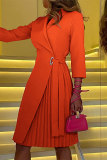 Rose Red Fashion Casual Solid Patchwork Fold Turn-back Collar Long Sleeve Dresses