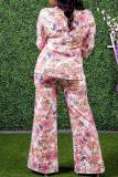 Pink Casual Print Patchwork Turn-back Collar Long Sleeve Two Pieces