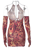 Burgundy Sexy Print Patchwork Halter Pencil Skirt Dresses