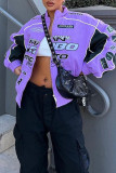 Purple Casual Street Sportswear Print Patchwork Zipper Outerwear