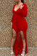 Red Casual Solid Patchwork Slit V Neck Straight Jumpsuits
