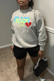 Grey Fashion Casual Letter Print Basic O Neck Tops