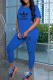 Blue Fashion Sweet Print Slit Letter V Neck Short Sleeve Two Pieces