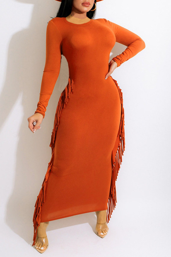 Orange Sexy Solid Tassel Patchwork O Neck One Step Skirt Dresses