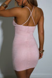 Pink Sexy Solid Patchwork Draw String Frenulum Backless V Neck Sling Dress