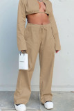 Khaki Sexy Solid Bandage Patchwork Turndown Collar Long Sleeve Two Pieces