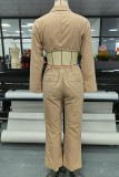 Khaki Sexy Solid Bandage Patchwork Turndown Collar Long Sleeve Two Pieces