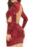 Burgundy Fashion Sexy Patchwork Sequins See-through Backless Half A Turtleneck Long Sleeve Dresses