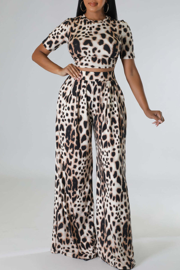 Leopard Print Sexy Print Leopard Bandage Patchwork O Neck Short Sleeve Two Pieces