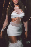 White Sexy Solid Mesh O Neck Pencil Skirt Dresses