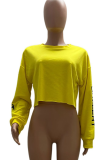 Yellow Fashion Print Letter O Neck Tops