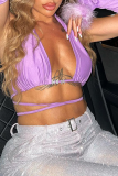 Purple Sexy Solid Hollowed Out Patchwork Halter Tops