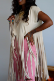 Beige Fashion Solid Tassel O Neck T-Shirts