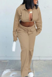 Khaki Sexy Solid Bandage Patchwork Turndown Collar Long Sleeve Two Pieces