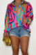 Green Fashion Casual Print Patchwork Buckle Turndown Collar Tops