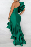 Colorful Blue Elegant Solid Patchwork Flounce Asymmetrical Oblique Collar Trumpet Mermaid Dresses