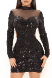 Burgundy Fashion Sexy Patchwork Sequins See-through Backless Half A Turtleneck Long Sleeve Dresses