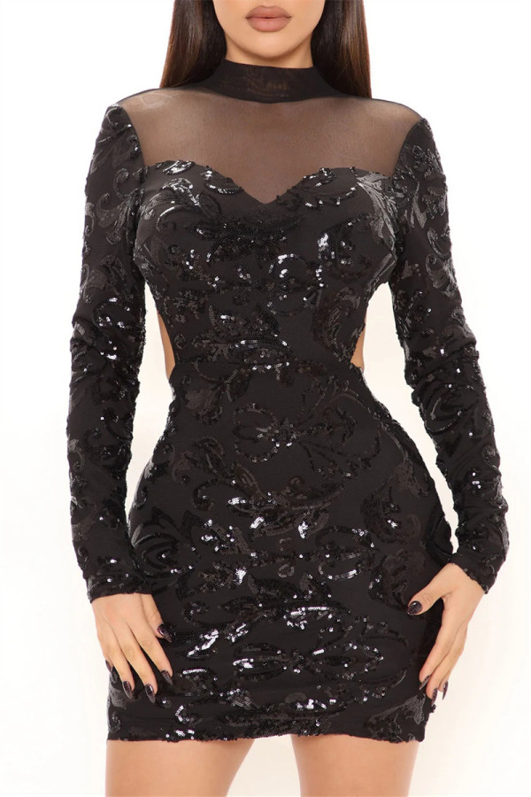 Black Fashion Sexy Patchwork Sequins See-through Backless Half A Turtleneck Long Sleeve Dresses