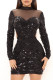 Black Fashion Sexy Patchwork Sequins See-through Backless Half A Turtleneck Long Sleeve Dresses
