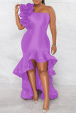 Colorful Blue Elegant Solid Patchwork Flounce Asymmetrical Oblique Collar Trumpet Mermaid Dresses