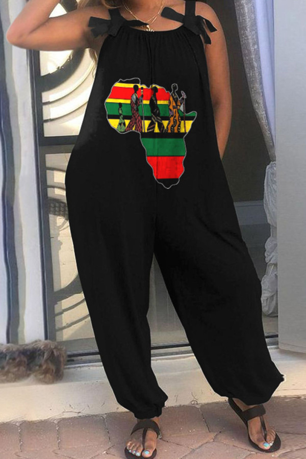 Black Casual Print Patchwork Spaghetti Strap Loose Jumpsuits