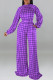 Purple Casual Plaid Print Patchwork O Neck Straight Jumpsuits