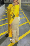 Yellow Fashion Print Letter O Neck Tops