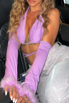 Purple Sexy Solid Hollowed Out Patchwork Halter Tops