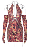Burgundy Sexy Print Patchwork Halter Pencil Skirt Dresses