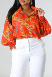 Tangerine Red Casual Print Patchwork Buckle Turndown Collar Tops