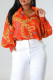 Tangerine Red Casual Print Patchwork Buckle Turndown Collar Tops