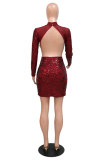 Burgundy Fashion Sexy Patchwork Sequins See-through Backless Half A Turtleneck Long Sleeve Dresses