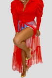 Red Casual Solid Bandage Patchwork Buckle Turndown Collar Tops