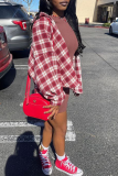 Red Casual Plaid Patchwork Turndown Collar Tops