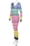 Colour Sexy Striped Backless V Neck Pencil Skirt Dresses
