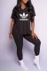 Black Fashion Sweet Print Slit Letter V Neck Short Sleeve Two Pieces