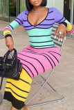 Colour Sexy Striped Backless V Neck Pencil Skirt Dresses