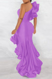 Colorful Blue Elegant Solid Patchwork Flounce Asymmetrical Oblique Collar Trumpet Mermaid Dresses