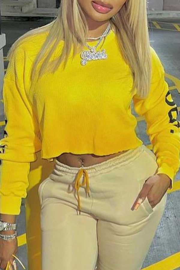 Yellow Fashion Print Letter O Neck Tops