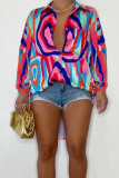 Blue Fashion Casual Print Patchwork Buckle Turndown Collar Tops