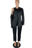 Black Casual Solid Tassel Patchwork Turn-back Collar Long Sleeve Three Pieces