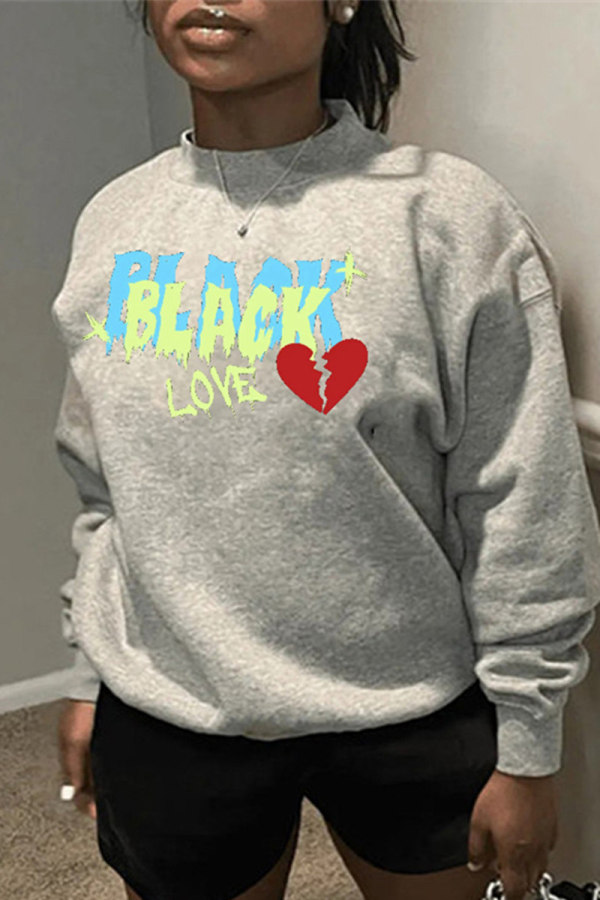 Grey Fashion Casual Letter Print Basic O Neck Tops