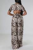 Leopard Print Sexy Print Leopard Bandage Patchwork O Neck Short Sleeve Two Pieces