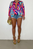 Blue Fashion Casual Print Patchwork Buckle Turndown Collar Tops