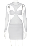 White Sexy Solid Mesh O Neck Pencil Skirt Dresses