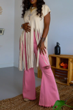 Beige Fashion Solid Tassel O Neck T-Shirts