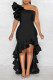 Black Elegant Solid Patchwork Flounce Asymmetrical Oblique Collar Trumpet Mermaid Dresses